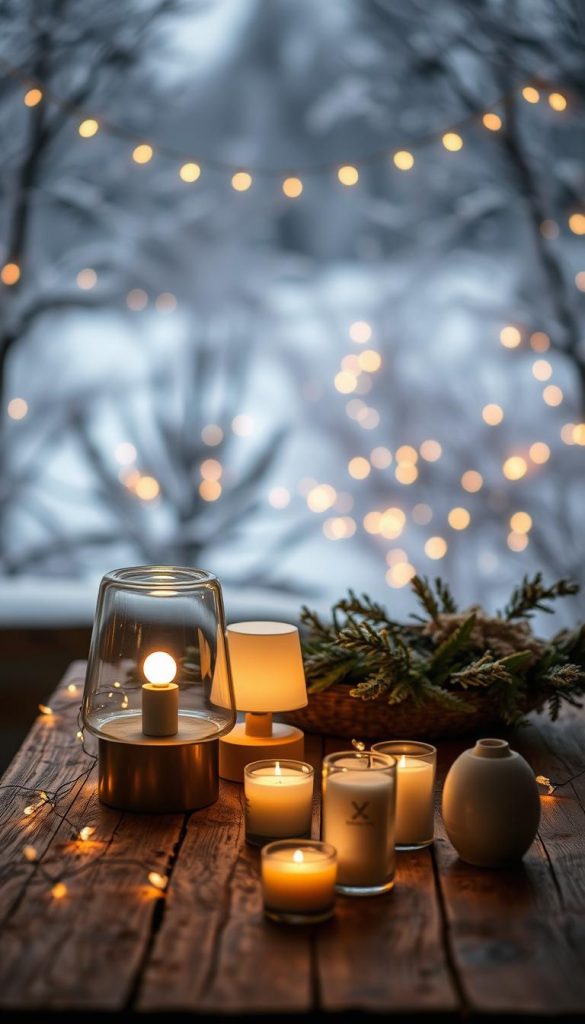 Lichtsets 2025: A warm, inviting winter scene showcasing the KlickKiste lighting collection. A rustic wooden table is adorned with soft, glowing fairy lights, casting a cozy glow across the frame. In the foreground, a series of modern, minimalist lamps and candles create an intimate, Pinterest-inspired atmosphere. The background features a dreamy, out-of-focus winter landscape, hinting at a snowy wonderland. The overall mood is natural, sustainable, and visually captivating, perfect for a homey holiday photo shoot.