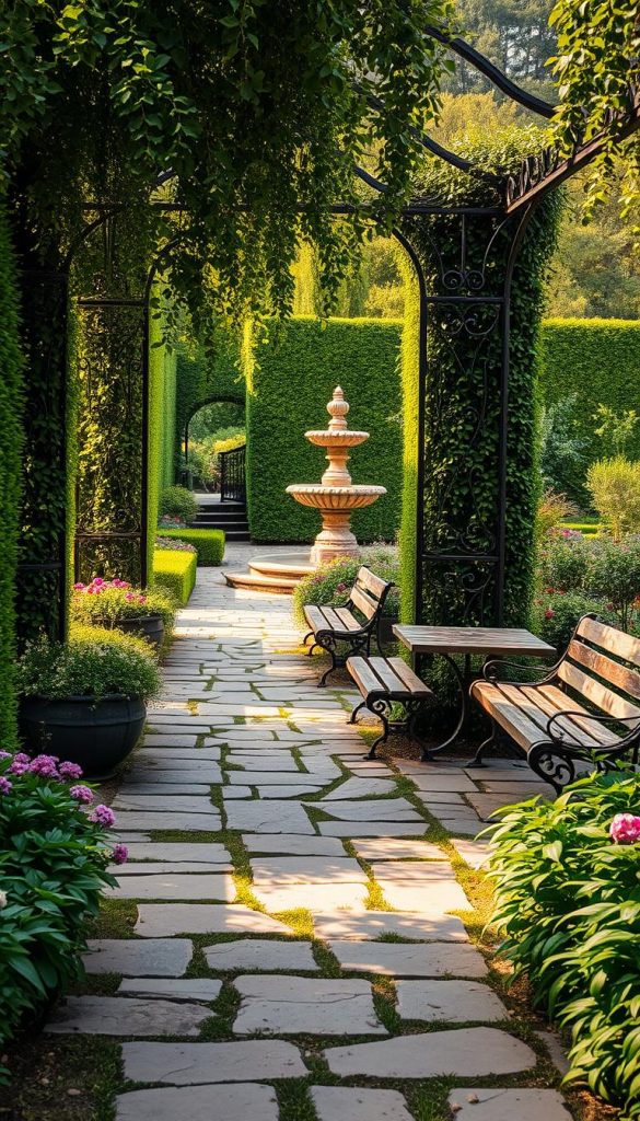 Lush, verdant garden filled with a harmonious blend of elegant and rustic elements. Weathered stone pathways meander through towering hedges and vibrant flower beds, casting warm, diffused light across the scene. Ornate iron trellises support cascading vines, while weathered wooden benches invite visitors to pause and appreciate the serene ambiance. In the distance, a stone fountain bubbles softly, its reflection dancing on the surface of a tranquil pond. The overall mood is one of timeless, natural beauty, blending the refined and the rustic into a seamless, visually captivating outdoor oasis. Lush, verdant garden filled with a harmonious blend of elegant and rustic elements. Weathered stone pathways meander through towering hedges and vibrant flower beds, casting warm, diffused light across the scene. Ornate iron trellises support cascading vines, while weathered wooden benches invite visitors to pause and appreciate the serene ambiance. In the distance, a stone fountain bubbles softly, its reflection dancing on the surface of a tranquil pond. The overall mood is one of timeless, natural beauty, blending the refined and the rustic into a seamless, visually captivating outdoor oasis.