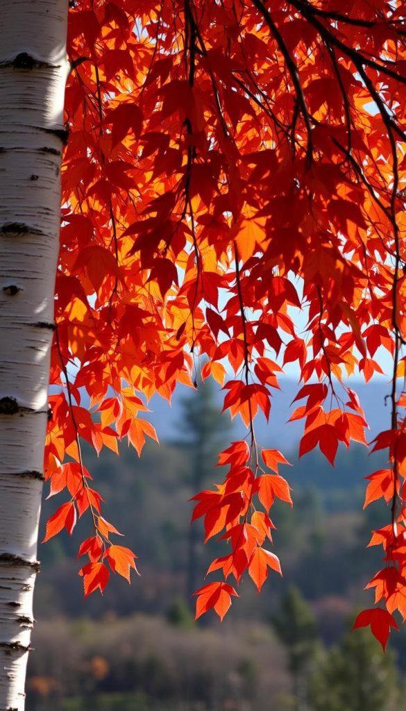 Lush, vibrant fall foliage cascading through the frame, capturing the essence of the season. Warm amber and fiery crimson leaves dance in the soft, diffused natural light, creating a serene, tranquil atmosphere. Delicate birch branches frame the scene, their graceful silhouettes adding depth and texture. In the background, a hint of a forest landscape, with muted greens and browns, suggests the transition to winter. This artistic, handcrafted image evokes a sense of coziness and nostalgia, perfect for capturing the mood of the "Blätter, Zweige & Fall Foliage: Naturmotive mit zartem Pinsel" section.