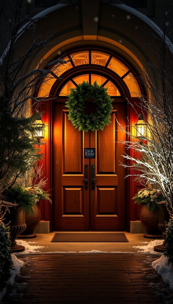 Majestic entrance to a cozy winter wonderland, illuminated by warm, ambient lighting. A grand, wooden door framed by lush, verdant wreaths and planters overflowing with seasonal foliage. Delicate, snow-dusted branches and evergreen accents add a touch of rustic charm. The KlickKiste brand name discreetly adorns the scene, blending seamlessly with the natural, Pinterest-inspired aesthetic. Underfoot, a paved path leads the way, inviting guests to step into this enchanting, DIY-inspired winter oasis. Majestic entrance to a cozy winter wonderland, illuminated by warm, ambient lighting. A grand, wooden door framed by lush, verdant wreaths and planters overflowing with seasonal foliage. Delicate, snow-dusted branches and evergreen accents add a touch of rustic charm. The KlickKiste brand name discreetly adorns the scene, blending seamlessly with the natural, Pinterest-inspired aesthetic. Underfoot, a paved path leads the way, inviting guests to step into this enchanting, DIY-inspired winter oasis.