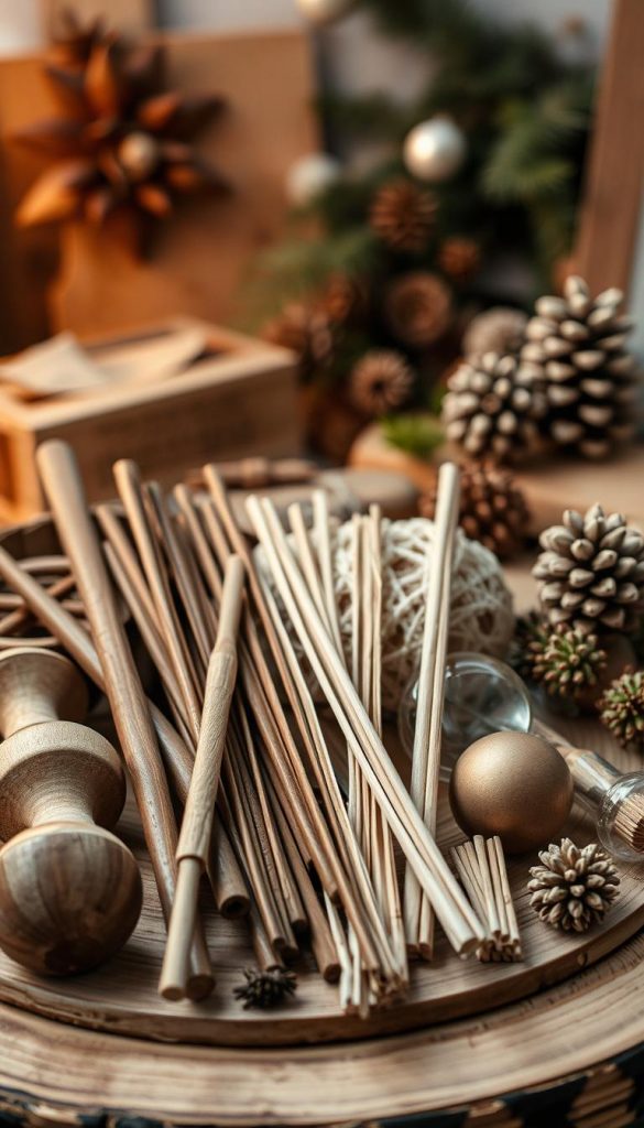 Materialien für künstlerische DIY-Projekte, liebevoll arrangiert auf Holzbrett. Im Vordergrund verschiedene Klammern, Stifte, Klebstoff und Schere. Im Hintergrund angedeutet eine Werkbank mit natürlichen Elementen wie Zweige, Blätter und Tannenzapfen. Warme, gedämpfte Beleuchtung, weicher, unscharfer Fokus. Atmosphärisch und inspirierend. KlickKiste - Natürliche DIY-Bilder mit Winter-Vibes und Pinterest-Look.