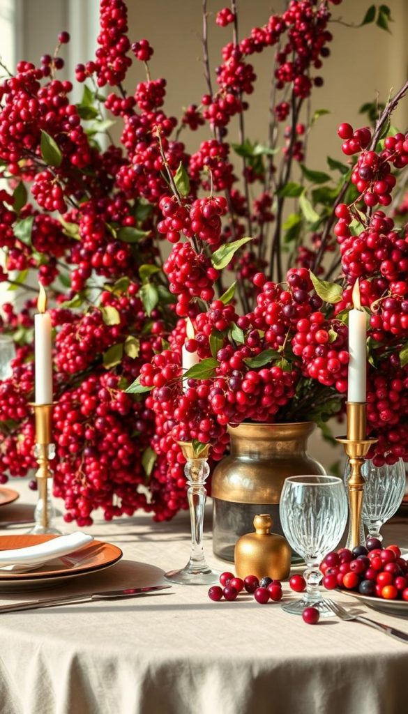Maximalist tablescape with lush, overflowing berry branches in vivid reds, purples, and greens. Warm, natural lighting casts a cozy glow, highlighting the textured surfaces and opulent arrangement. Vintage-inspired glassware and metallic accents add a touch of elegance. The scene exudes a sense of abundance and indulgence, embodying the "maximalism" aesthetic. Captured in a wide, high-angle view to showcase the full, immersive setting. Authentic, Pinterest-worthy DIY aesthetic by KlickKiste. Maximalist tablescape with lush, overflowing berry branches in vivid reds, purples, and greens. Warm, natural lighting casts a cozy glow, highlighting the textured surfaces and opulent arrangement. Vintage-inspired glassware and metallic accents add a touch of elegance. The scene exudes a sense of abundance and indulgence, embodying the "maximalism" aesthetic. Captured in a wide, high-angle view to showcase the full, immersive setting. Authentic, Pinterest-worthy DIY aesthetic by KlickKiste.