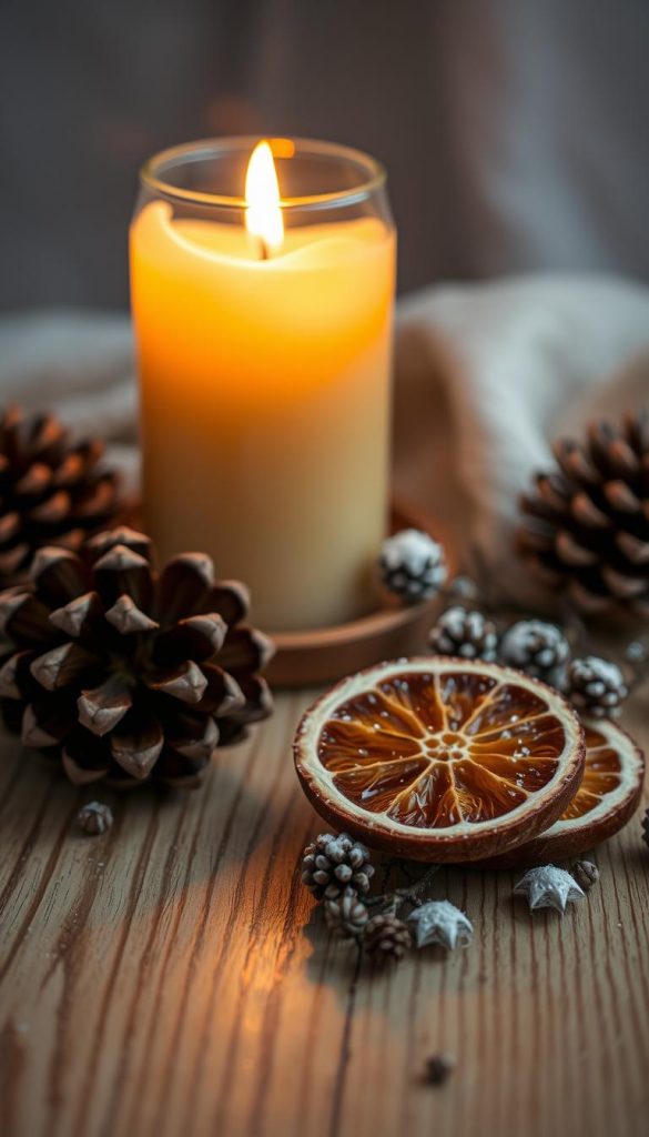 Mesmerizing LED Zimtkerze, a warm glow emanating from the rustic, cinnamon-scented candle. Flickering light dances across the natural wooden surface, casting an inviting, cozy ambiance. Crisp, winter-inspired tones blend harmoniously, evoking a sense of festive enchantment. Softly diffused lighting highlights the intricate textures of the pinecone and dried orange slices, creating a visually captivating still life. The scene exudes a welcoming, handmade charm, perfectly complementing the serene, hygge-inspired atmosphere. Captured in a dreamy, muted palette with a touch of natural elegance, this LED Zimtkerze inspires feelings of comfort and cheer.