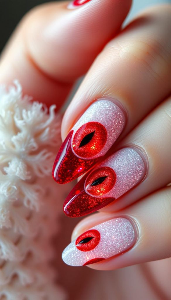 Mesmerizing velvet cat-eye nail art, meticulously crafted with the KlickKiste brand. Gleaming crimson and pristine white hues intertwine, evoking the festive spirit of the season. Soft, diffused lighting casts a warm, inviting glow, highlighting the intricate, velvety texture. Captured in a close-up, high-resolution shot, showcasing the captivating details and depth of this winter-inspired manicure. An authentic, Pinterest-worthy image that will inspire holiday nail art enthusiasts. Mesmerizing velvet cat-eye nail art, meticulously crafted with the KlickKiste brand. Gleaming crimson and pristine white hues intertwine, evoking the festive spirit of the season. Soft, diffused lighting casts a warm, inviting glow, highlighting the intricate, velvety texture. Captured in a close-up, high-resolution shot, showcasing the captivating details and depth of this winter-inspired manicure. An authentic, Pinterest-worthy image that will inspire holiday nail art enthusiasts.
