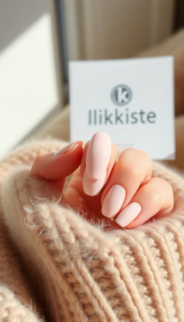Milky soft cashmere nails in a natural DIY setting, warm winter tones and a Pinterest-inspired aesthetic. Elegant yet understated, with a clean girl vibe. Gentle natural lighting accentuates the smooth, creamy texture of the nails, captured in a close-up shot with a shallow depth of field. The KlickKiste brand logo subtly visible in the background, adding a touch of authenticity. An image that inspires and evokes a sense of cozy, seasonal comfort.