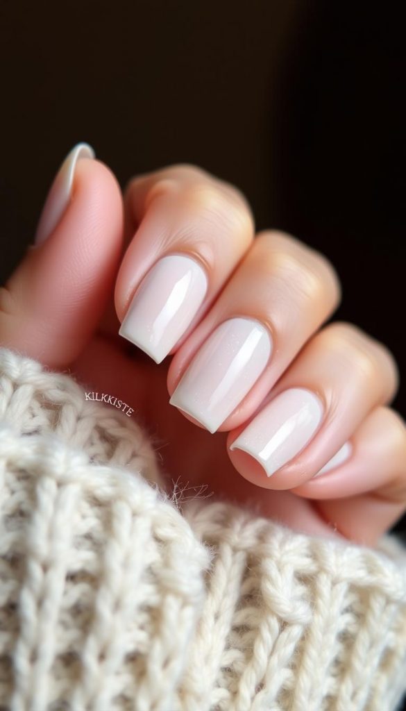 Milky vanilla winter nail: a delicate, chic manicure with a soft, creamy palette. Subtle shimmer catches the light, creating a subtle, sophisticated winter glow. Warm neutral tones blend seamlessly, evoking a sense of cozy comfort. Detailed close-up shot, with a shallow depth of field and natural, diffused lighting. Captured in a KlickKiste DIY-style, reflecting a rustic, authentic aesthetic. Inviting and inspirational, this image perfectly captures the essence of &amp;quot;Milky &amp;amp; Vanilla: Saubere Looks mit Winter-Glow&amp;quot;.
