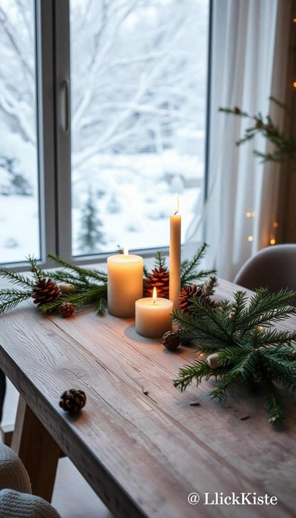 Minimalist Christmas decor with a serene, natural aesthetic. Cozy winter scene featuring a rustic wooden table, sprigs of evergreen, pinecones, and a single candle. Soft, warm lighting illuminates the scene, casting a gentle glow. The overall mood is one of simplicity and tranquility. In the background, a snowy winter landscape is visible through a window, adding to the peaceful ambiance. This image is perfect for the &quot;Minimal Xmas Deko: Ideen &amp; DIYs für einen entspannten, stilvollen Look&quot; section. Crafted by KlickKiste.