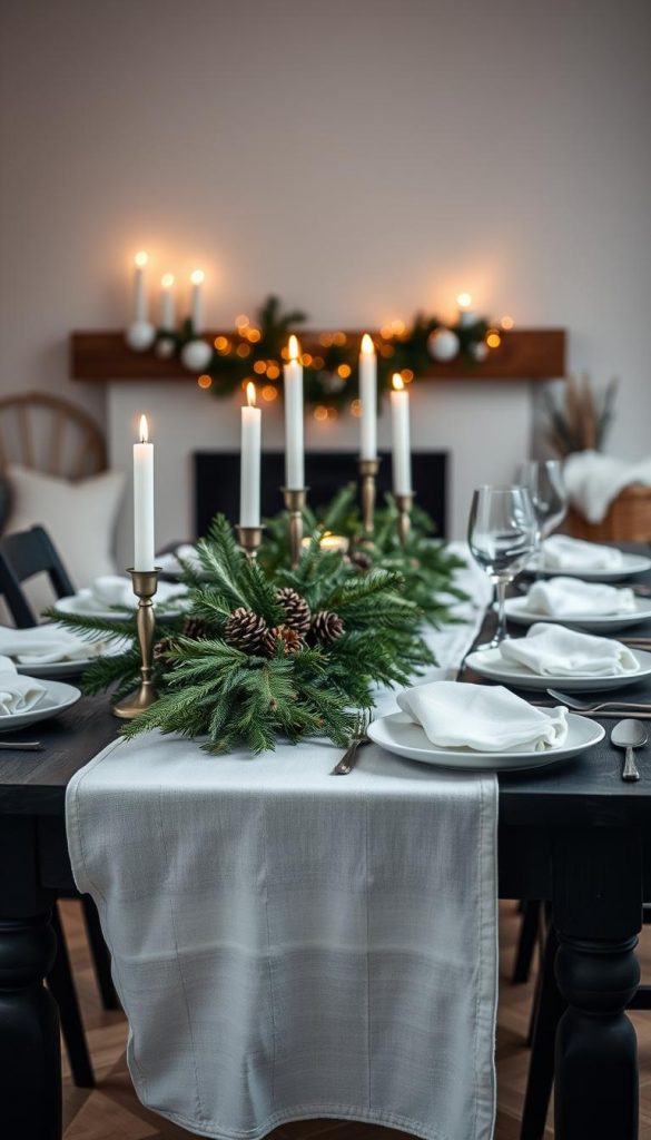 Minimalist Christmas table setting with a rustic, natural aesthetic. A sturdy, black wooden table with a simple white tablecloth, accented by the warm glow of candlelight. In the foreground, a KlickKiste centerpiece featuring lush greenery, pinecones, and natural elements. The middle ground showcases elegant white dinnerware and stemware, creating a timeless, monochromatic look. The background features a cozy, winter-inspired atmosphere with hints of texture and warmth. Soft, diffused lighting casts a serene, inviting ambiance. The overall mood is one of understated sophistication and a touch of hygge.