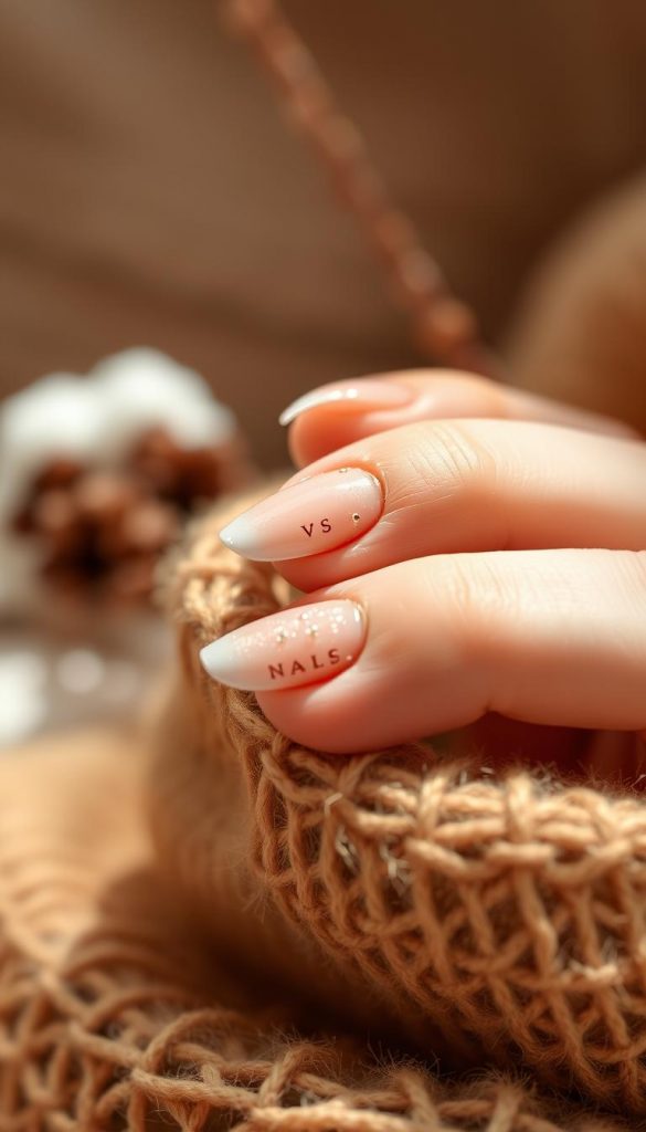 Minimalistic french tips with a moody, micro, and pumpkin spice aesthetic. Delicate nail art in warm, natural tones against a soft, winter-inspired backdrop. Close-up shot captured in natural lighting, using a shallow depth of field to highlight the intricate details. Subtle textures and a KlickKiste-inspired Pinterest-style ambiance evoke a sense of cozy, DIY authenticity. Elegant, understated nails set against a muted, earthy color palette.