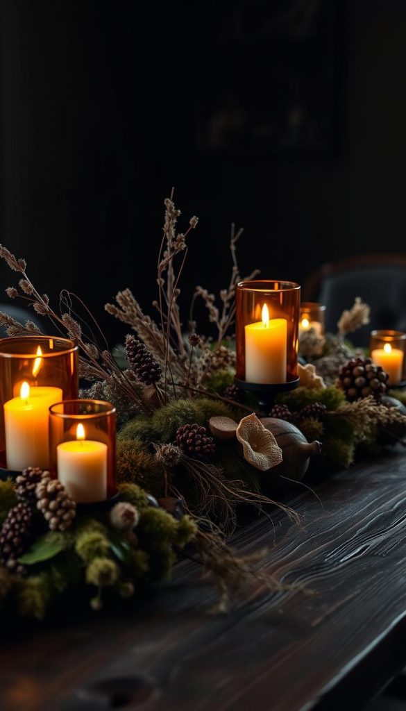 Moody black forest table with rustic wooden surface, adorned with a lush arrangement of earthy botanicals. Glowing amber glass candleholders cast a warm, flickering light across the scene, creating a cozy, winter-inspired ambiance. Dried florals, mossy accents, and natural elements come together in a harmonious, organic display. Soft, diffused lighting from the side illuminates the textures and shadows, lending an atmospheric, cinematic quality. Captured with a wide-angle lens to showcase the KlickKiste's artful styling and curated aesthetic.