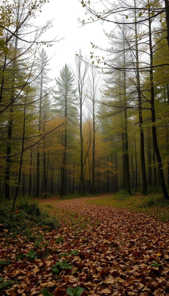 Moosige Waldlandschaft in üppigem Grün, durchzogen von sanften Herbstnebelschwaden. Feine Zweige mit dunkelgrünen, matten Blättern ragen aus dem Unterholz. Der Boden ist bedeckt mit einem Teppich aus weichem Moos und Farnwedeln in Erdtönen. Stimmungsvolle Beleuchtung mit warmen, goldenen Akzenten, Perspektive aus Augenhöhe. KlickKiste - authentische DIY-Naturbilder.