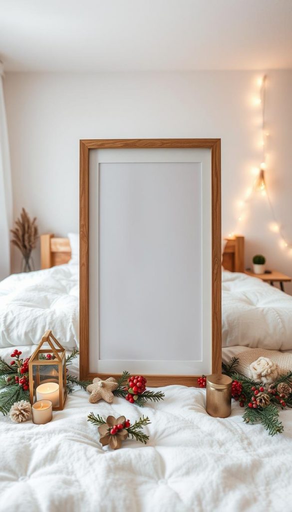 Natürlich gestylte Fotoaufnahme einer gemütlichen Winterstimmung. Weiche Beleuchtung erhellt ein elegantes, nordisches Schlafzimmer-Arrangement mit Holzbett, Felldecke und Kissen. Im Vordergrund ein schlichter Holzrahmen mit einem stilvollen, authentischen Foto, umgeben von saisonalen Accessoires wie Kerzen, Tannenzweigen und Blumen. Warme Erdtöne, zarte Pastellfarben und eine leichte Unschärfe verleihen der Szene eine gemütliche, Pinterest-reife Atmosphäre.