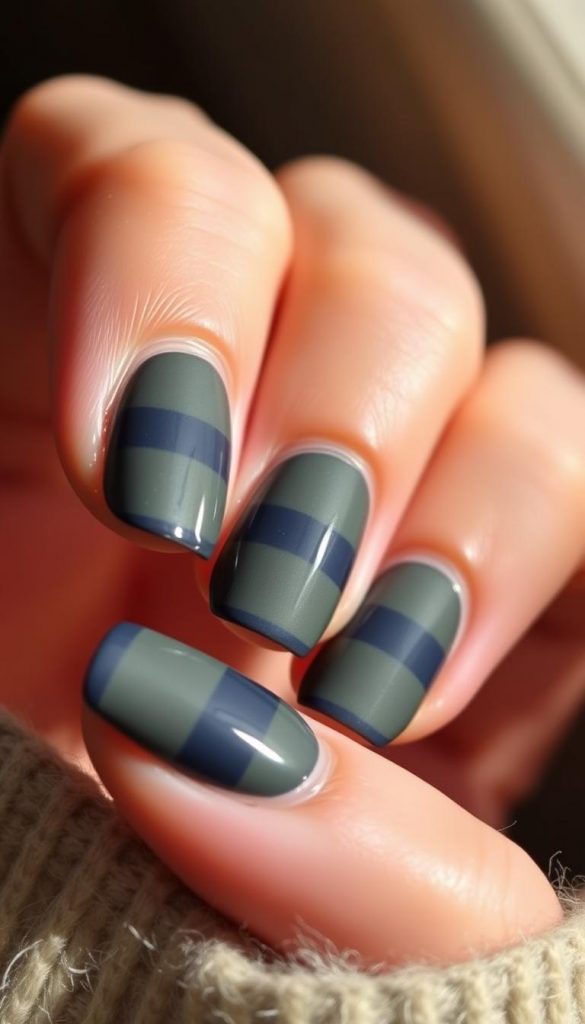 Navy olive stripes nail, close-up shot with natural lighting. Carefully painted, smooth texture. Elegant, modern design with a cozy, winter-inspired feel. Warm, soft tones complemented by the deep navy hues. Minimal, minimalist aesthetic. Captured in a KlickKiste-style, Pinterest-inspired composition. Soothing, calming atmosphere that evokes a sense of hygge.