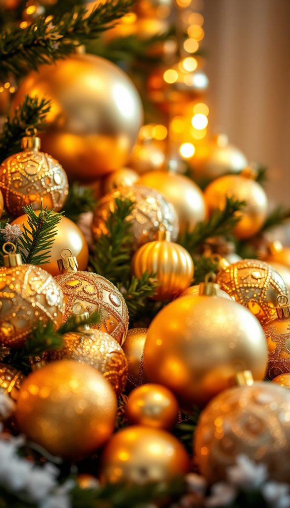 Opulent golden Christmas baubles sparkling under warm, soft lighting, casting a festive, cozy glow. Ornate, metallic spheres in varying sizes and textures arranged in a captivating layered display. Lush, natural greenery and subtle pops of color complement the gleaming, luxurious orbs. Crisp, high-resolution photography with a shallow depth of field, highlighting the sumptuous details and luxurious, inviting atmosphere. Evokes a sense of maximalist holiday splendor, inviting the viewer to immerse themselves in the winter wonderland aesthetic.