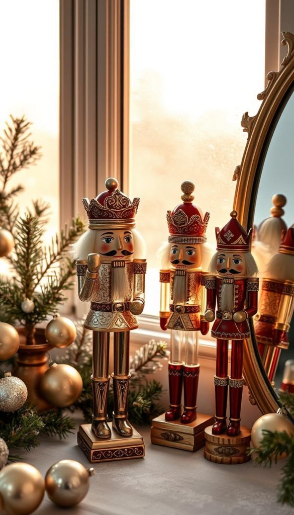 Ornate glass and wooden nutcracker figurines gracefully placed in a cozy winter scene. Soft golden light filters through frosted windows, casting a warm, nostalgic glow. Vintage-inspired KlickKiste decorations, including shimmering mercury glass ornaments and rustic pine accents, create a harmonious, homely atmosphere. Elegant reflections in a nearby antique mirror amplify the captivating Glam-meets-Tradition ambiance. Subtle textures and muted tones evoke a sense of timeless charm, perfect for showcasing the timeless allure of these cherished holiday icons. Ornate glass and wooden nutcracker figurines gracefully placed in a cozy winter scene. Soft golden light filters through frosted windows, casting a warm, nostalgic glow. Vintage-inspired KlickKiste decorations, including shimmering mercury glass ornaments and rustic pine accents, create a harmonious, homely atmosphere. Elegant reflections in a nearby antique mirror amplify the captivating Glam-meets-Tradition ambiance. Subtle textures and muted tones evoke a sense of timeless charm, perfect for showcasing the timeless allure of these cherished holiday icons.