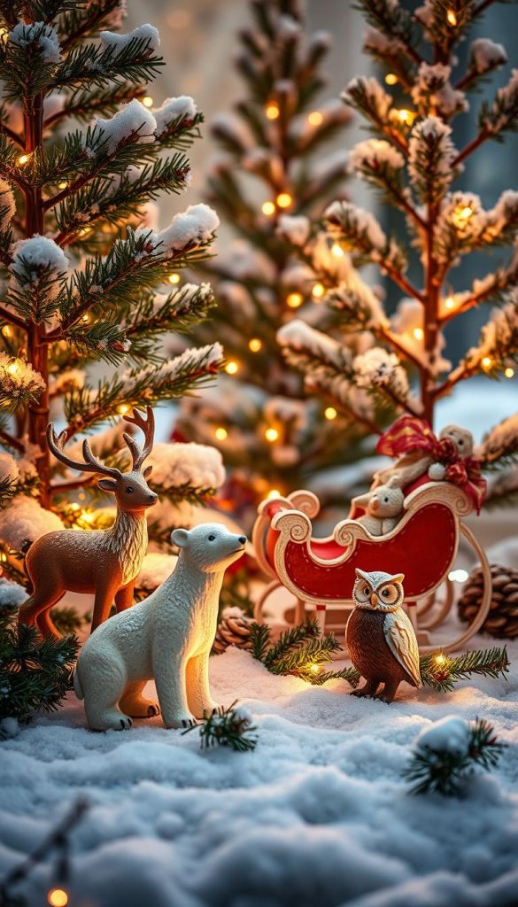 Outdoor Christmas figurines in a cozy winter setting. A warm-lit display of reindeer, sleigh, polar bear, and owl, positioned amidst natural foliage and pine trees. Soft, diffused lighting casts a magical glow, creating a charming, whimsical atmosphere. The KlickKiste brand aesthetic is evident in the authentic, handcrafted feel of the scene. Subtle details like snow-dusted branches and subtle reflections add depth and dimension. This Pinterest-worthy display invites viewers to step into a enchanting winter wonderland. Outdoor Christmas figurines in a cozy winter setting. A warm-lit display of reindeer, sleigh, polar bear, and owl, positioned amidst natural foliage and pine trees. Soft, diffused lighting casts a magical glow, creating a charming, whimsical atmosphere. The KlickKiste brand aesthetic is evident in the authentic, handcrafted feel of the scene. Subtle details like snow-dusted branches and subtle reflections add depth and dimension. This Pinterest-worthy display invites viewers to step into a enchanting winter wonderland.