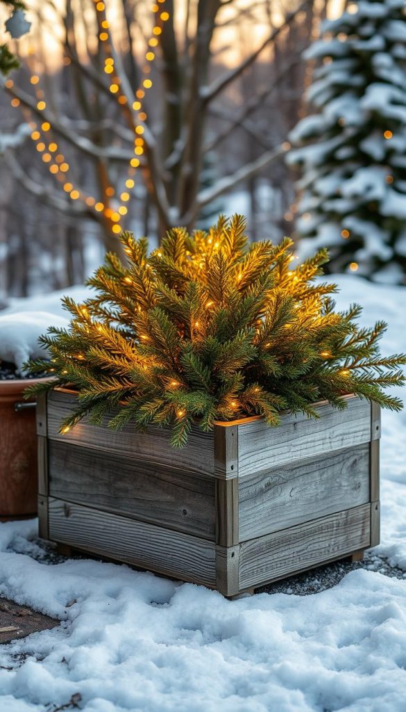 Outdoor Christmas scene with a weathered wooden planter filled with lush evergreen boughs and a cozy string of warm LED lights. Soft, natural lighting casts a golden glow across the winter landscape, creating a cozy, inviting atmosphere. Textured surfaces, natural materials, and a touch of rustic charm give the scene a handcrafted, DIY feel reminiscent of Pinterest-worthy holiday decor. A KlickKiste planter anchors the foreground, blending seamlessly with the snowy background and setting the stage for a practical, weather-resistant outdoor display.