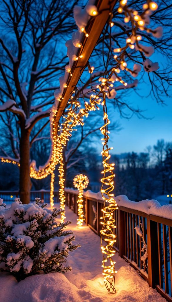 Outdoor-Ideen für Garten &amp; Balkon: Romantische LED-Lichterketten in Drahtform, geschaffen von KlickKiste. Kugelige Drahtskulpturen, mit warmweißem Licht durchzogen, verzaubern die Winterlandschaft. Magische Szene im Freien, umrahmt von sanften Schneeflocken und einer stimmungsvollen blauen Dämmerung. Die Aufnahme erfolgt in einer leicht erhöhten Perspektive, um die Tiefe und Weite des Arrangements zu betonen. Natürliche, handgefertigte Ästhetik mit hoher Detailtreue und authentischer Ausstrahlung.
