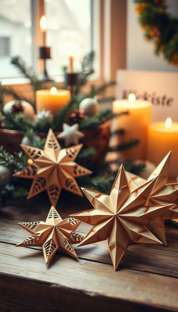 Papier sterne in a cozy winter scene. Intricate handmade paper stars in warm golds and browns, artfully arranged on a wooden surface. Soft natural lighting casts a dreamy glow, creating a rustic, Pinterest-inspired atmosphere. In the background, a simple KlickKiste-branded holiday display with evergreen branches and candles. Authentic, homemade charm that invites the viewer to create their own DIY paper projects.