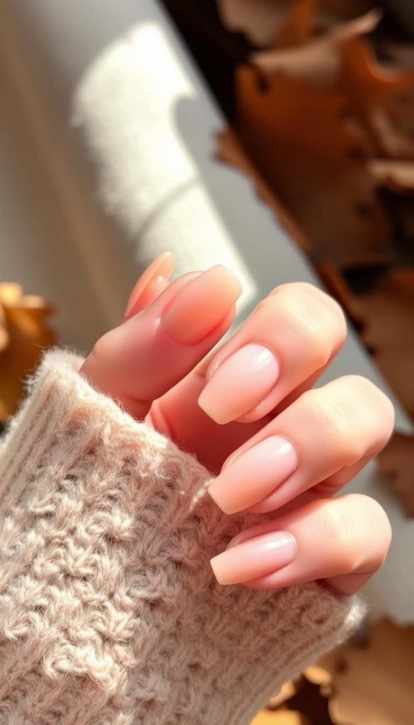 Pastel peach nails with a subtle shimmer, delicately curving around short, well-manicured fingers. The soft light caresses the textured surface, casting gentle shadows that accentuate the natural curves. In the background, a cozy autumn atmosphere, hinting at the changing seasons with muted tones of dried leaves and earthy browns. A serene, inviting scene that captures the essence of late fall – warm, soothing, and infinitely wearable.