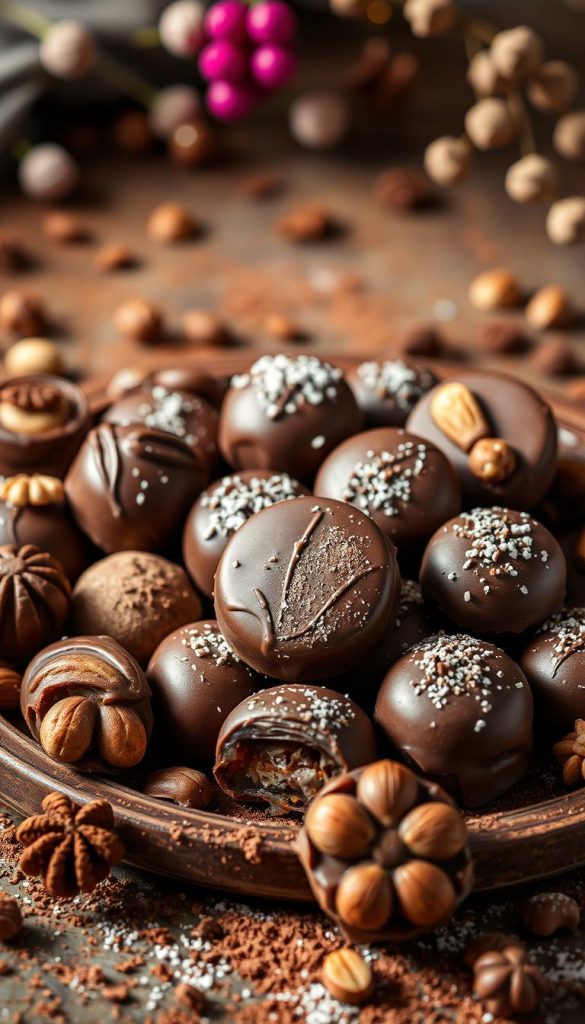 Pralinen und Schokolade mit delikaten Tönen und sinnlichen Texturen: eine elegante Anordnung von handgemachten Pralinés, umhüllt von glänzender, dunkler Schokolade. Warme, natürliche Beleuchtung erzeugt einen stimmungsvollen Rahmen, der die Kostbarkeiten betont. Feine Details wie Kakaopulver, Nüsse und Blumen verleihen der Komposition eine rustikale, handwerkliche Note, die an einen gemütlichen Wintermorgen erinnert. Erdige Farben und weiche Schatten schaffen eine einladende, authentische Atmosphäre, die Inspiration und Freude für selbstgemachte Geschenke aus der Küche versprüht. Pralinen und Schokolade mit delikaten Tönen und sinnlichen Texturen: eine elegante Anordnung von handgemachten Pralinés, umhüllt von glänzender, dunkler Schokolade. Warme, natürliche Beleuchtung erzeugt einen stimmungsvollen Rahmen, der die Kostbarkeiten betont. Feine Details wie Kakaopulver, Nüsse und Blumen verleihen der Komposition eine rustikale, handwerkliche Note, die an einen gemütlichen Wintermorgen erinnert. Erdige Farben und weiche Schatten schaffen eine einladende, authentische Atmosphäre, die Inspiration und Freude für selbstgemachte Geschenke aus der Küche versprüht.