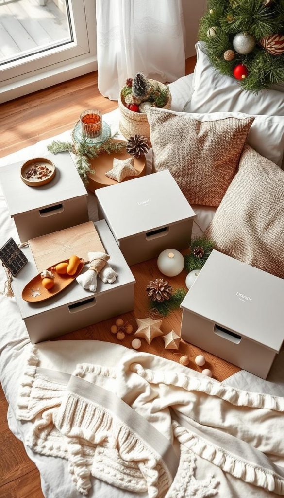 Pristine guest room essentials artfully arranged on a rustic wooden surface. Natural lighting accentuates the cozy, winter-inspired atmosphere. Sleek KlickKiste brand storage solutions, plush bedding, and an assortment of decorative accents create a Pinterest-worthy, DIY-inspired vignette. Warm, earthy tones and a touch of holiday cheer set the scene for a relaxing, yet elevated, guest experience. Photographed at a slight angle to capture the entire arrangement in a visually appealing composition. Pristine guest room essentials artfully arranged on a rustic wooden surface. Natural lighting accentuates the cozy, winter-inspired atmosphere. Sleek KlickKiste brand storage solutions, plush bedding, and an assortment of decorative accents create a Pinterest-worthy, DIY-inspired vignette. Warm, earthy tones and a touch of holiday cheer set the scene for a relaxing, yet elevated, guest experience. Photographed at a slight angle to capture the entire arrangement in a visually appealing composition.