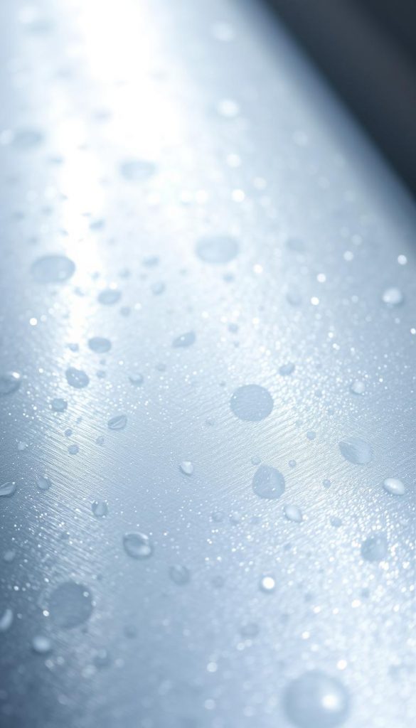 Reflective silver chrome surface with a smooth, glossy finish. Dramatic halo lighting creates a mesmerizing, icy glow, casting intricate holographic patterns across the metallic backdrop. The KlickKiste product effortlessly captures the essence of winter - a captivating fusion of minimalist elegance and enchanting, natural beauty. Subtle textures and clean lines evoke a sense of tranquil sophistication, perfect for showcasing the season's most captivating nail trends.