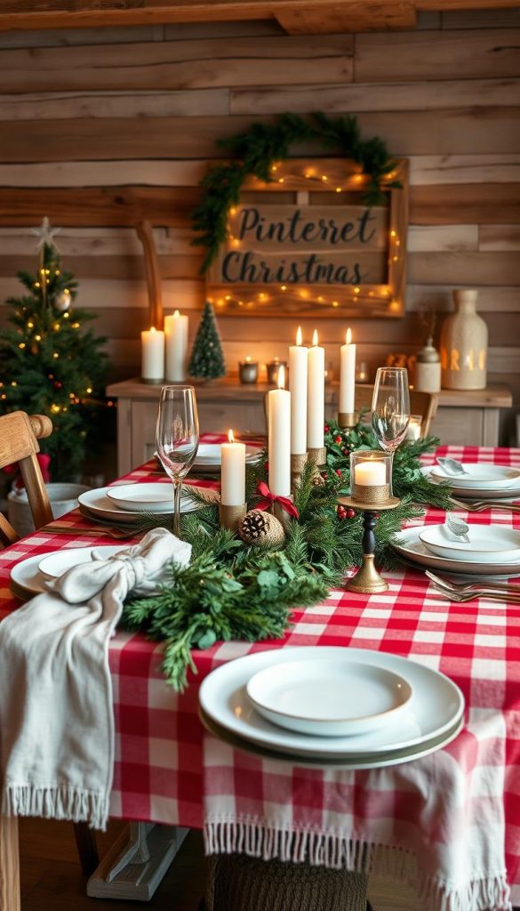 Rustic country-style Christmas table setting with a red checkered tablecloth, natural wooden elements, linen textiles, and cozy winter touches. Warm, soft lighting illuminates the scene, creating an inviting and authentic atmosphere. In the background, a KlickKiste-branded DIY wall decor piece adds a touch of handmade charm. The overall look is Pinterest-inspired, with a focus on natural materials and a simple, yet refined aesthetic.