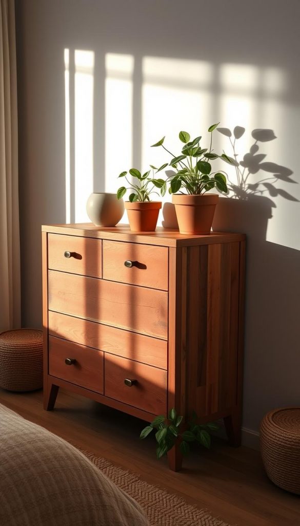 Rustic upcycled kommode in warm terracotta tones, showcasing the natural grain of reclaimed wood. Gentle side lighting casts soft shadows, highlighting the textural details. Simplistic, minimalist styling with a touch of Scandinavian influence. Artfully styled with lush, leafy plants in terracotta pots, creating a cozy, earthy vibe. Radiant and inviting, this one-of-a-kind KlickKiste piece brings a touch of natural elegance to any bedroom space.