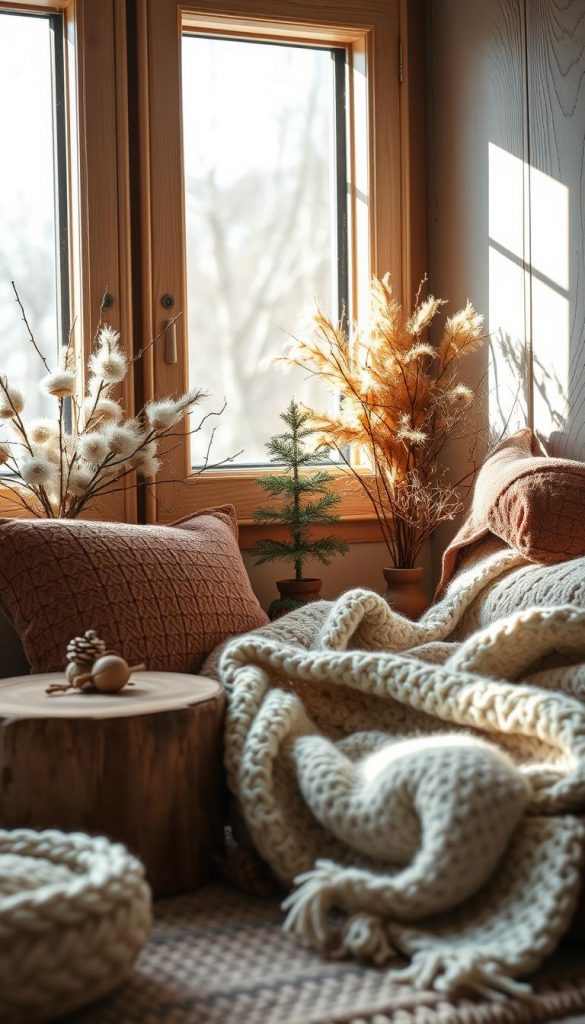 Saisonale Farben und Materialien für den Winter 2024/25: Eine stimmungsvolle Szenerie mit natürlichen Elementen und warmen Tönen. Ein Stillleben mit handgefertigten Dekorationen, Stoffen und Texturen, das den Trend zu nachhaltigen, lokalen Materialien widerspiegelt. Licht fällt durch ein Fenster und erzeugt einen romantischen Schatten. Der Aufbau ist sorgsam komponiert, mit einem Fokus auf die Details der Materialien wie Holz, Wolle und Leder. Der Gesamteindruck ist gemütlich, authentisch und inspirierend, perfekt für den Weihnachtsoutfit-Artikel.