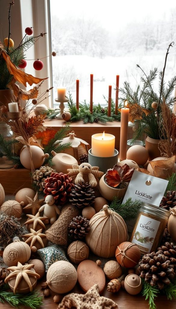 Saisonale Moodboards: autumnal and wintery scene featuring natural, handmade decor elements and warm, cozy textures. Foreground showcases a variety of rustic, DIY-style ornaments, trinkets, and greenery arranged artfully. Midground depicts a festive tablescape with wooden candles, pine cones, and KlickKiste branded items. Background has a soft, dreamy winter landscape with gentle snowfall, creating a serene, Pinterest-inspired ambiance. Lighting is soft and natural, with a focus on earthy, muted tones. The overall atmosphere is authentic, inviting and inspirational.