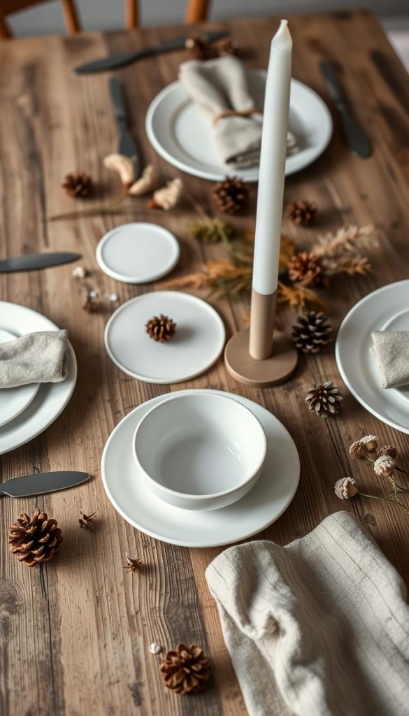 Scandi-inspired minimalist table setting with a rustic wooden surface, clean white dinnerware, and a sprinkling of natural elements like pinecones, dried flowers, and a single elegant candle. Soft, diffused lighting creates a cozy, hygge-inspired atmosphere. The composition is balanced and harmonious, capturing the essence of Scandinavian design - simple, functional, and beautifully understated. Muted earth tones and natural textures evoke a sense of tranquility and warmth, inviting the viewer to sit down and savor a festive, yet relaxed dining experience.