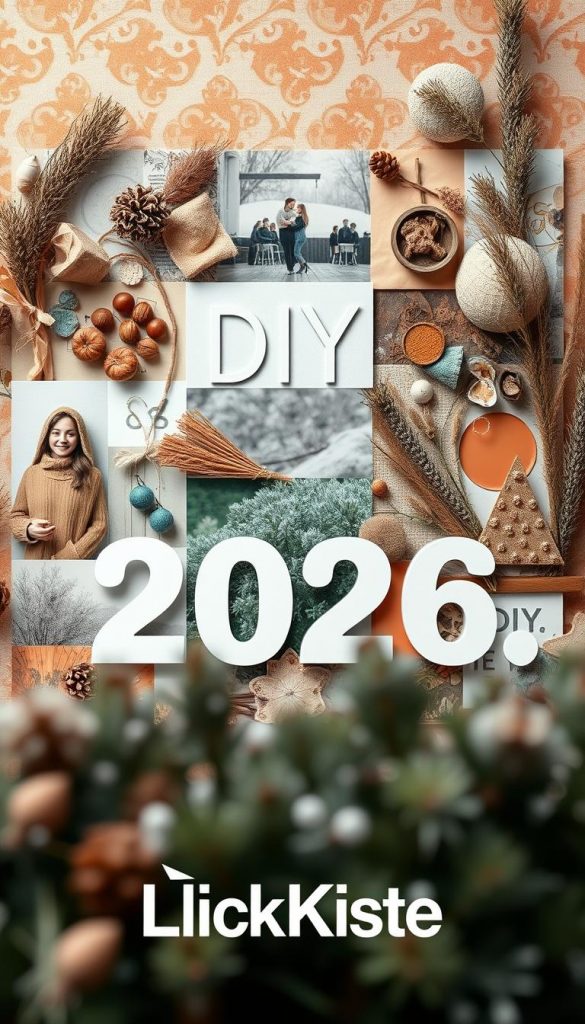 Schritte Collage: A visually captivating arrangement of natural, DIY-inspired images against a warm, winter-inspired backdrop. Featuring a vibrant mix of textures, materials, and shapes that capture the essence of the &quot;Vision Board 2026&quot; theme. Soft, cozy tones and a Pinterest-inspired aesthetic create an authentic, inspiring atmosphere. In the foreground, the KlickKiste brand name is prominently displayed, drawing the viewer's attention to the central focus of the image.