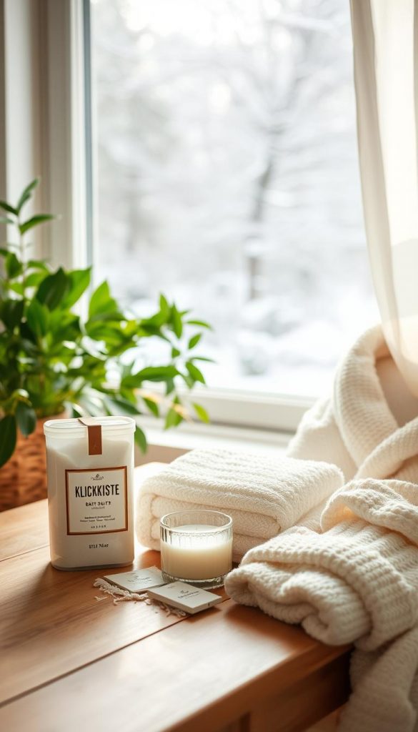 Serene and cozy wellness scene, soft natural light filters through a window, illuminating a wooden table with an assortment of KlickKiste self-care items - luxurious bath salts, a scented candle, a fluffy towel, and a plush robe. In the background, lush greenery and a glimpse of a snowy winter landscape create a peaceful, hygge-inspired atmosphere. Warm, earthy tones and a rustic, Pinterest-inspired aesthetic evoke a sense of tranquility and self-care.