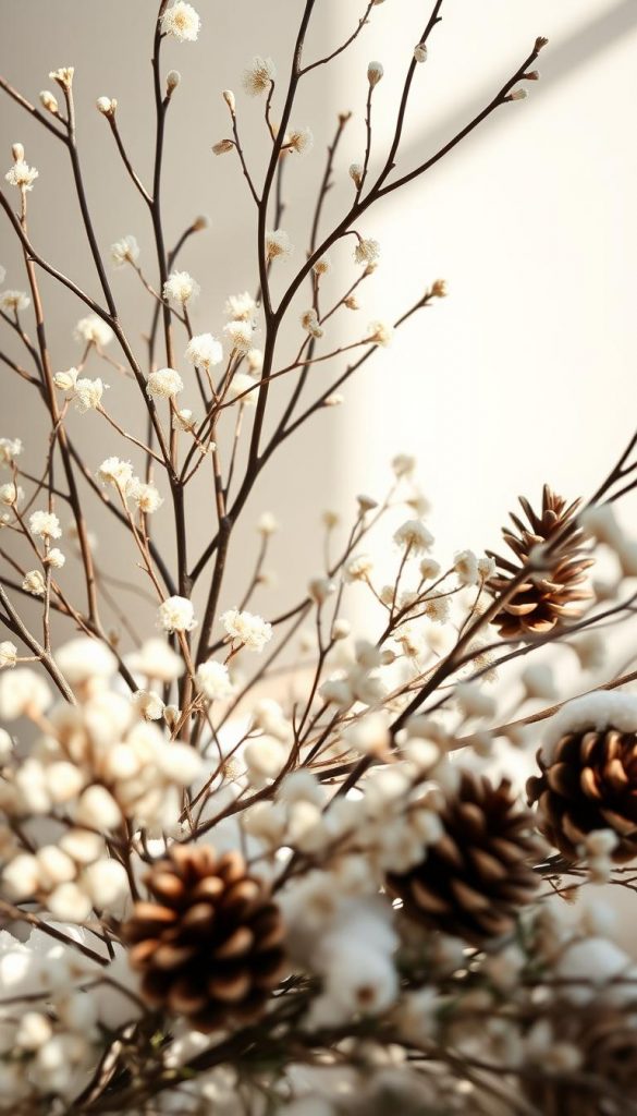 Serene winter landscape with a minimalist Scandinavian aesthetic. Delicate branches, dried flowers, and pinecones in a muted color palette of whites, creams, and soft greens. Warm, natural lighting bathes the scene in a cozy, rustic ambiance. Gentle shadows and textures create depth and dimension. The arrangement feels effortless and organic, radiating a sense of simple beauty and hygge. A touch of snow or frost adds a touch of seasonal elegance. The overall mood is calming, inviting, and Pinterest-worthy.