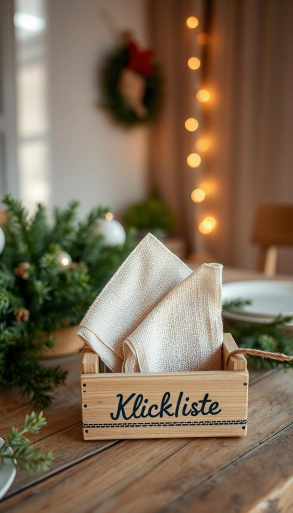Servietten, warm and cozy in a winter-inspired DIY setting. A stack of natural, textured napkins in earthy tones sits atop a rustic wooden table, surrounded by festive greenery and a touch of seasonal decor. The lighting is soft and diffused, creating a inviting, Pinterest-worthy atmosphere. In the foreground, a hand-crafted &quot;KlickKiste&quot; holds the serviettes, adding a charming, homemade touch. The overall scene conveys a sense of effortless style and inspiration for a beautiful, kid-friendly tabletop.