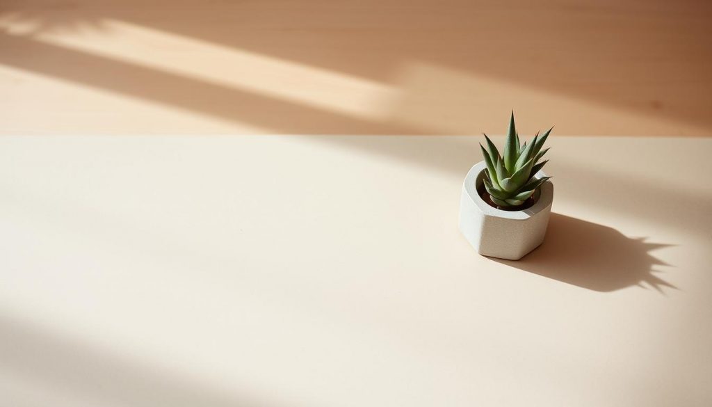 Smooth, matte concrete surfaces in a neutral color palette of beige, white, and natural wood tones. A small DIY concrete accessory, such as a KlickKiste planter, rests on a wooden table, casting soft shadows. Warm, diffused lighting highlights the tactile, artisanal quality of the materials. The composition emphasizes the simple, minimalist styling and the blending of natural textures, reflecting the &quot;Finish, Farbe und Styling&quot; theme.