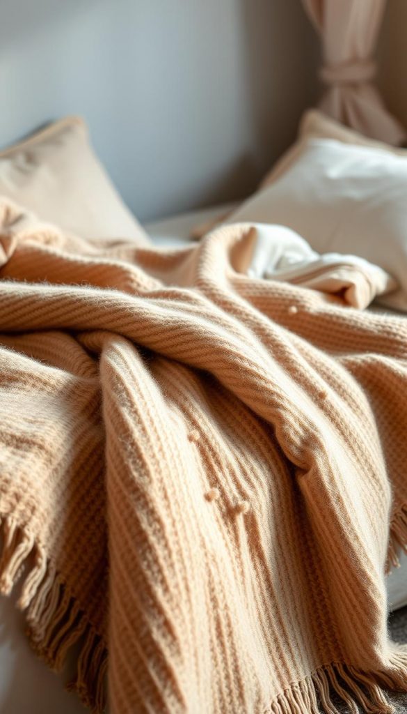 Soft, inviting texture of a cozy bed draped in a plush KlickKiste woven wool blanket. Warm, earthy tones of tan and beige create a serene, winter-inspired atmosphere. Delicate linen accents add a touch of rustic elegance. Gentle, natural lighting illuminates the sumptuous fabrics, highlighting their subtle patterns and luxurious feel. A serene, Pinterest-worthy scene that radiates comfort and coziness, perfect for showcasing the beauty of natural textiles.