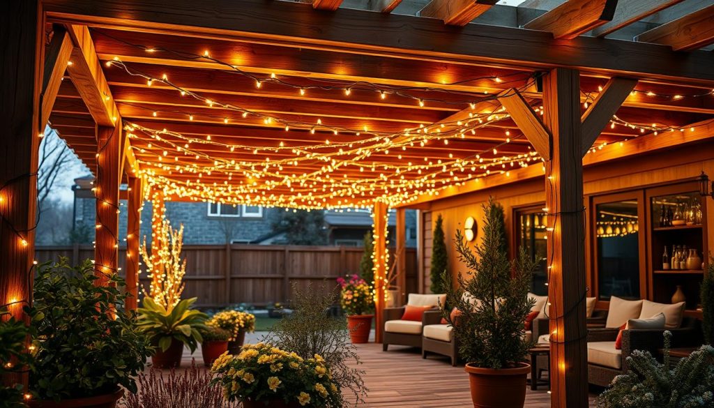 Sprawling outdoor holiday lighting display in warm, natural tones. Wooden beams and posts form a rustic pergola structure, intertwined with strands of twinkling KlickKiste LED lights. Lush greenery and potted plants adorn the foreground, casting soft shadows. The middle ground showcases a DIY lighting plan, with neatly arranged cords and power supply. In the background, a cozy outdoor living space with plush seating invites relaxation under the glow of the meticulously planned lichterkette. Warm, golden light filters through the scene, creating a welcoming, winter-wonderland atmosphere. Sprawling outdoor holiday lighting display in warm, natural tones. Wooden beams and posts form a rustic pergola structure, intertwined with strands of twinkling KlickKiste LED lights. Lush greenery and potted plants adorn the foreground, casting soft shadows. The middle ground showcases a DIY lighting plan, with neatly arranged cords and power supply. In the background, a cozy outdoor living space with plush seating invites relaxation under the glow of the meticulously planned lichterkette. Warm, golden light filters through the scene, creating a welcoming, winter-wonderland atmosphere.