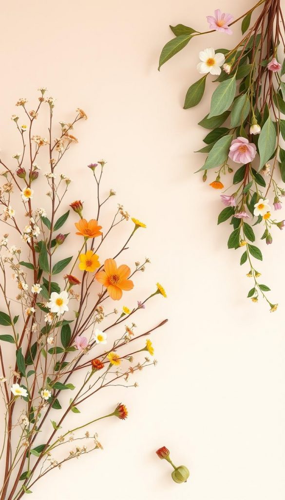 Springtime floral poster with warm, natural colors and a minimalist design. Soft, diffused lighting illuminates a lush array of botanicals - delicate wildflowers, leafy branches, and vibrant blooms. Earthy tones and textures create an inviting, handmade aesthetic. The composition has a balanced, harmonious layout with a clean, uncluttered layout. Subtle hints of a rustic, DIY-inspired &quot;KlickKiste&quot; style, evoking a cozy, Pinterest-worthy vibe. The overall mood is fresh, airy, and serene.