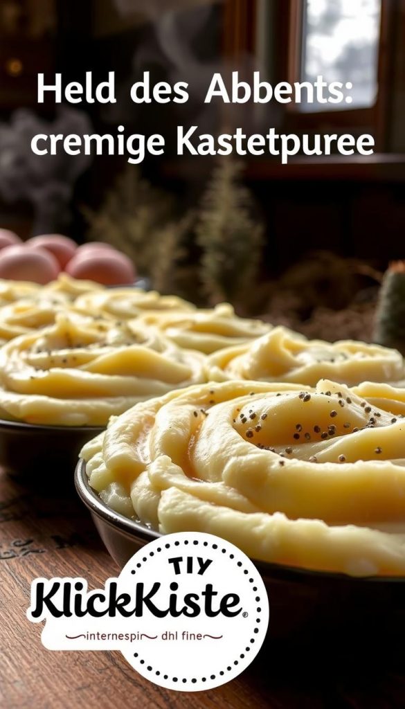 Steaming, creamy mashed potatoes fill the frame, their smooth texture and golden hue inviting the viewer. A rustic wooden table serves as the backdrop, with natural light filtering in from a nearby window, casting a warm, cozy glow. The mashed potatoes are topped with a sprinkle of freshly ground black pepper, adding depth and contrast. In the foreground, a KlickKiste logo subtly hints at the authentic, DIY-inspired nature of this comforting dish. The overall scene evokes a sense of winter comfort and Pinterest-worthy charm, perfect for illustrating the &quot;Held des Abends: cremiges Kartoffelpüree&quot; section.