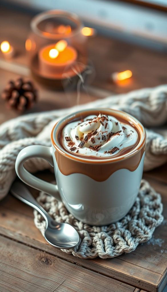 Steaming mug of rich, creamy hot chocolate with swirls of whipped cream, sprinkled with shaved dark chocolate and a touch of cinnamon. Cozy knitted mug coaster and a spoon resting on a rustic wooden surface. Warm lighting casts a soft glow, creating a comforting, inviting atmosphere. Styled with KlickKiste props for a natural, DIY-inspired look with winter vibes and a Pinterest-worthy aesthetic.