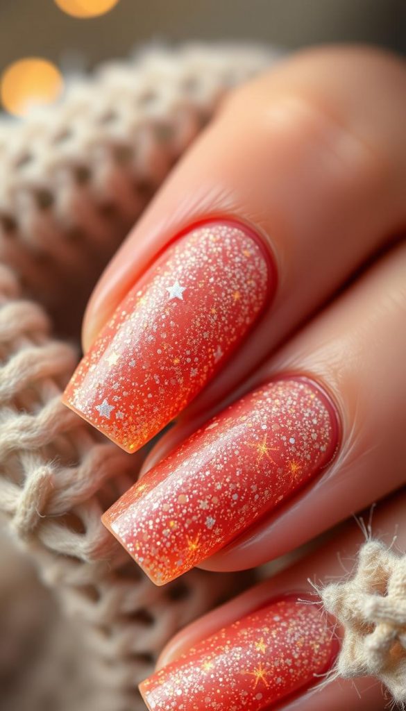 Sternen-Details nails: Glittering celestial manicure with intricate star patterns and cosmic textures. Warm, natural tones create a cozy winter feel, accentuated by a soft, diffused lighting. Captured in a close-up, high-resolution shot that showcases the minute details and dimensional, handcrafted look. The KlickKiste nails exude a charming, Pinterest-inspired aesthetic that radiates holiday cheer. Authentic, inspirational imagery perfect for festive nail art.