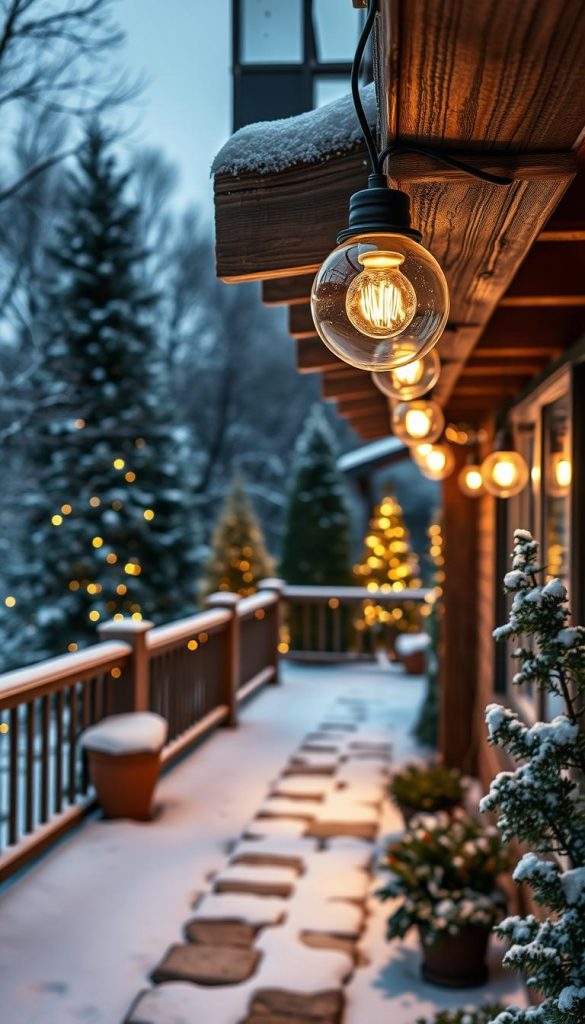 Striking outdoor lights with a weatherproof design, casting a warm glow across a winter landscape. Illuminated glass globes adorn a rustic wooden beam, creating a cozy, natural ambiance. The KlickKiste fixtures are strategically positioned to highlight the facade, balcony railing, and garden paths, seamlessly blending modern technology with a timeless aesthetic. Soft shadows dance across the scene, suggesting a gentle snowfall. The overall composition conveys a sense of festive cheer and inviting charm, perfect for seasonal displays.