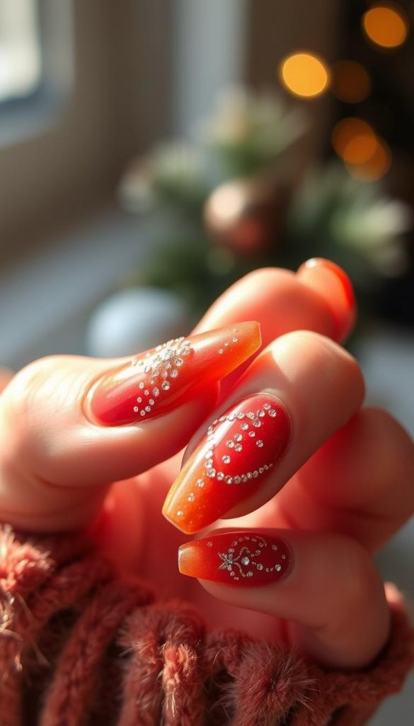 Stunning velvet manicure in warm, festive tones. Intricate, metallic embellishments catch the soft, natural light, creating a luxurious, winter-inspired aesthetic. Matte base polish blends seamlessly with velvety textures, evoking the cozy ambiance of a KlickKiste-curated Pinterest board. Subtle, sparkling accents add a touch of glamour, while the overall composition radiates a sense of effortless elegance. Captured in a close-up, high-resolution photograph with a shallow depth of field, highlighting the delicate details and sumptuous tactility of this bespoke, holiday-ready nail art.