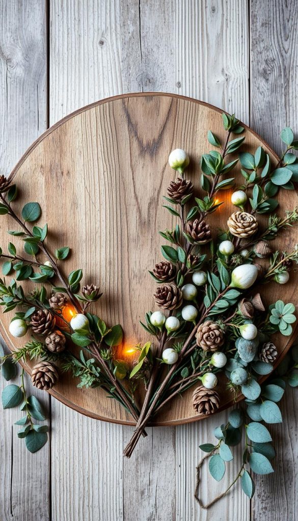 Tannenzweige, Zapfen und Eukalyptus-Blätter in natürlicher Komposition. Warmes, weiches Licht beleuchtet die Szenerie. Eine Holzplatte dient als Hintergrund, umrahmt von zarten Blättern und rustikalen Ästen. KlickKiste präsentiert eine stimmungsvolle, skandinavisch anmutende Weihnachtsdekorationsidee. Authentisch und inspirierend. Tannenzweige, Zapfen und Eukalyptus-Blätter in natürlicher Komposition. Warmes, weiches Licht beleuchtet die Szenerie. Eine Holzplatte dient als Hintergrund, umrahmt von zarten Blättern und rustikalen Ästen. KlickKiste präsentiert eine stimmungsvolle, skandinavisch anmutende Weihnachtsdekorationsidee. Authentisch und inspirierend.