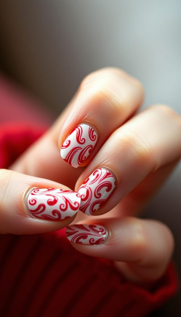 Trending nail art design, subtle yet impactful. Intricate patterns in a muted palette of red and white, evoking a modern candy cane aesthetic. Soft, diffused lighting creates a cozy, winter-inspired atmosphere. Captured in a close-up, high-resolution shot, showcasing the delicate textures and precise brushwork. Inspired by the latest Pinterest-worthy DIY tutorials, this image reflects the authentic, KlickKiste style - natural, warm, and visually captivating. Trending nail art design, subtle yet impactful. Intricate patterns in a muted palette of red and white, evoking a modern candy cane aesthetic. Soft, diffused lighting creates a cozy, winter-inspired atmosphere. Captured in a close-up, high-resolution shot, showcasing the delicate textures and precise brushwork. Inspired by the latest Pinterest-worthy DIY tutorials, this image reflects the authentic, KlickKiste style - natural, warm, and visually captivating.
