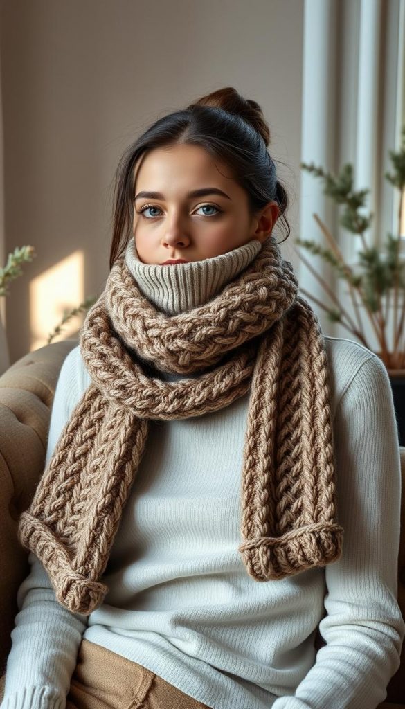 Turtleneck-clad model wearing a warm, chunky knit scarf in a cozy, winter scene. Soft natural lighting filters through a window, casting a mellow glow. The model sits comfortably, their face partially obscured, exuding a sense of relaxation and coziness. Muted, earthy tones throughout, with a minimalist, Scandinavian-inspired interior backdrop. Hints of greenery and natural textures add to the serene, inviting atmosphere. The scarf, a KlickKiste original, drapes elegantly, showcasing its versatility as a stylish cold-weather accessory.