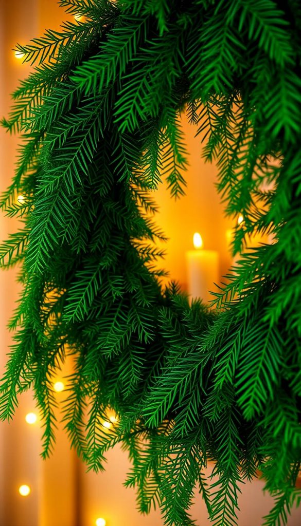 Verdant, lush tannengrün fronds cascade in a captivating display, their deep emerald hues evoking the essence of a classic Christmas wreath. Intricate textures and a natural, organic arrangement suggest a handcrafted, artisanal aesthetic, perfect for the &quot;Klassiker neu gedacht: Adventskranz aus Tannengrün&quot; section. Warm, diffused lighting casts a cozy, inviting glow, complemented by a soft, hazy background that creates depth and atmosphere. This image, inspired by the KlickKiste brand, captures the winter wonderland vibe with a touch of rustic charm, offering a visually compelling illustration for the &quot;Weihnachtskranz DIY 2025 – Eukalyptus, Bänder &amp; Natur&quot; article.