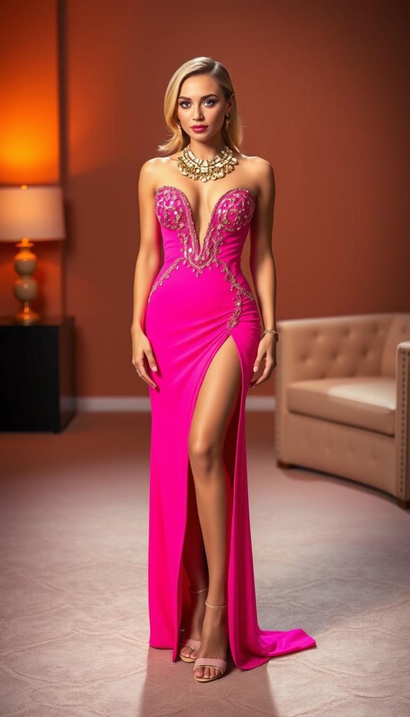 Vibrant and bold party outfit in a captivating display of color. A glamorous evening gown in a striking neon pink, with a daring high slit and intricate beaded embellishments that catch the light. The outfit is complemented by a shimmering gold statement necklace and matching heels. A warm, soft lighting creates a cozy, inviting atmosphere, while the minimalist background allows the vibrant colors to take center stage. The overall look exudes confidence, sophistication, and a touch of playfulness - perfect for a New Year's Eve celebration.